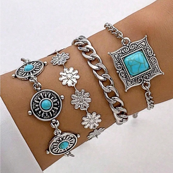 4 PCS Green Turquoise Square Petal Silver Bracelets Set - Picture 2 of 5